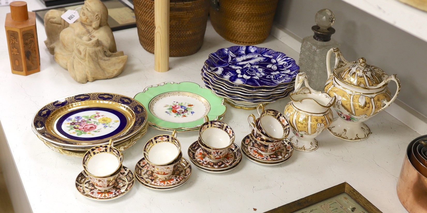 A selection of mixed 19th century ceramics, to include A Wedgwood aesthetic period part dessert service, Royal Crown Derby tea ware, a silver mounted decanter, etc.